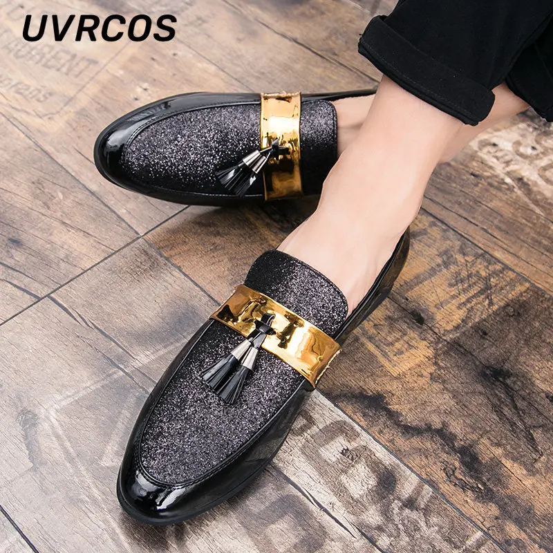 Zapatos planos de para hombre, mocasines informales cuero con flecos, color negro dorado, hechos a mano, la moda - AliExpress