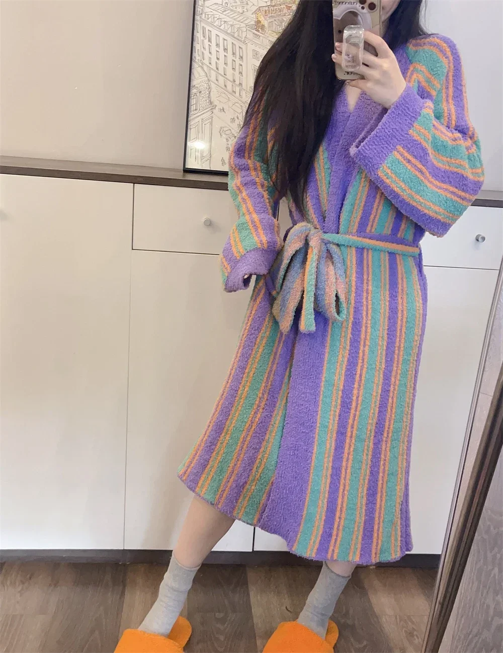 Coral Fleece Contrast Color Striped Robes Lace Up Long Sleeved Cute Nightgown Loose Bathrobe Soft Home Clothing Purple
