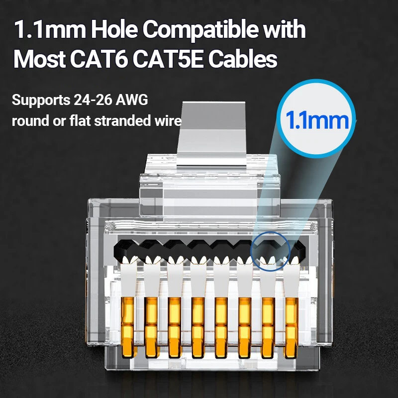Passagem do Conector de Hoolnx Rj45 Através de Cat6a Cat6 50u Banhado a Ouro Plugue Modular para Utp Stp 2326awg Sólido ou Encalhado Cabo Ethernet - Imagem 3