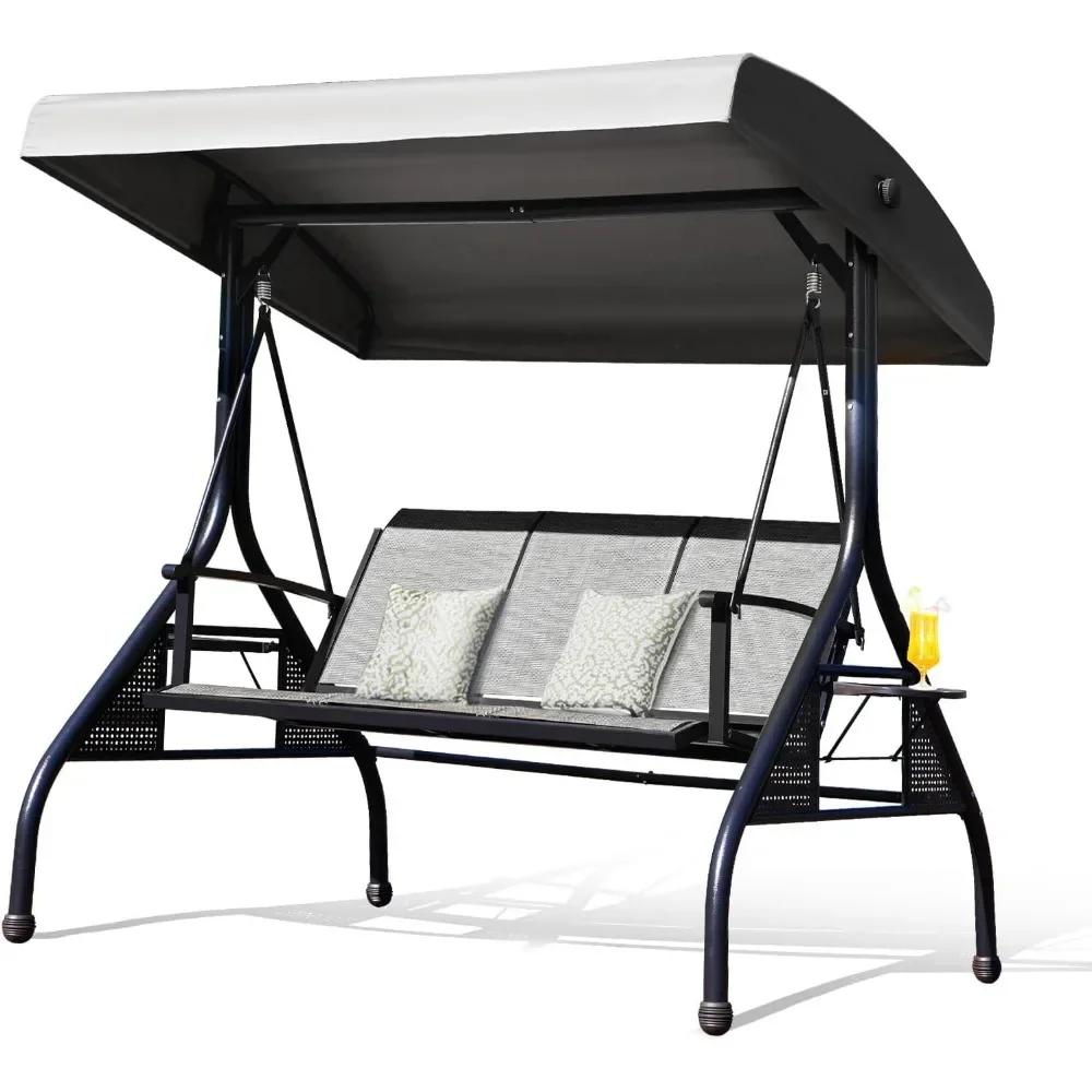 Outdoor Patio Swing with Adjustable Canopy, 3 Seat Outdoor Porch Swing with Cup Holders, Waterproof Textilene Swing Chair 6