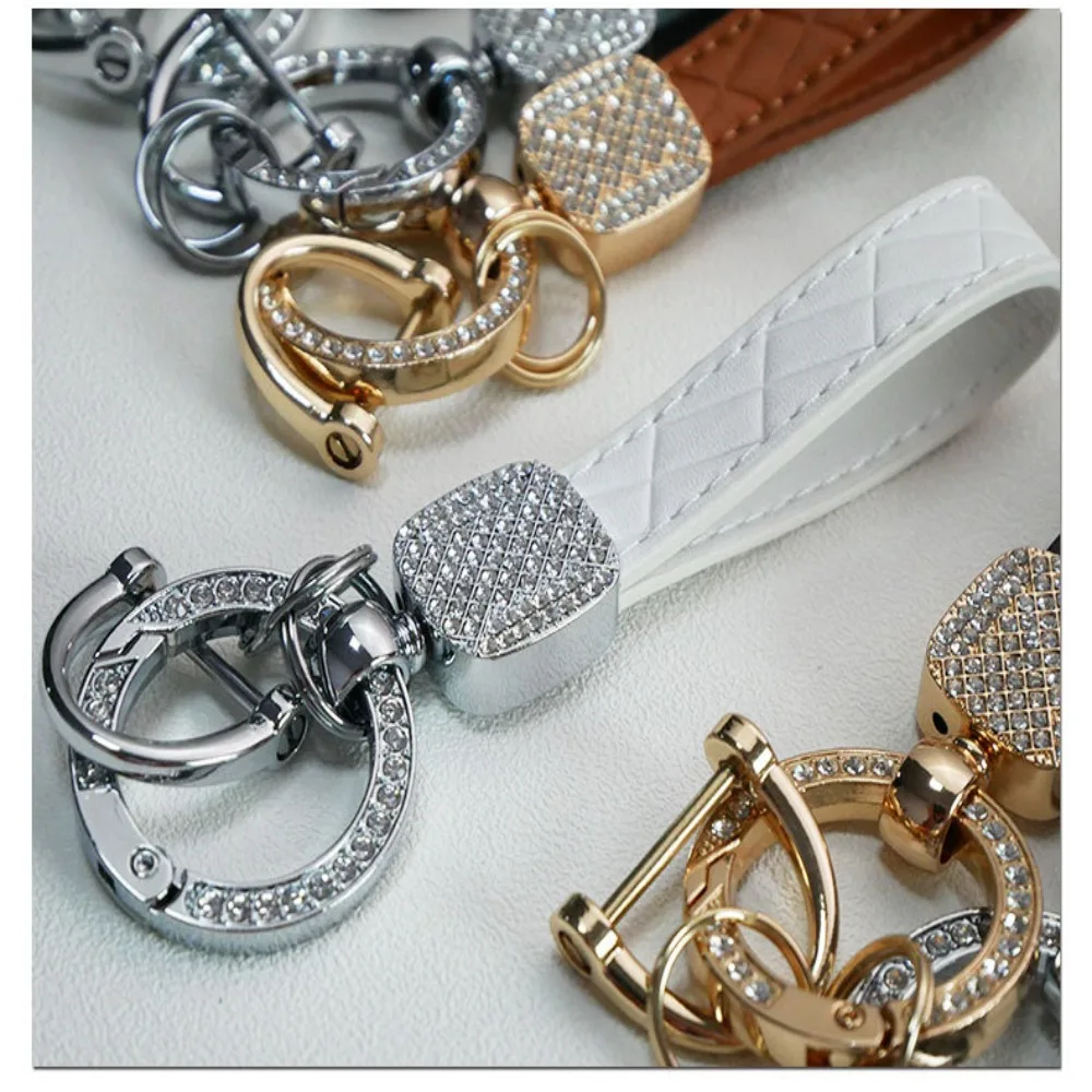 PU Leather Car Key Chain New Shiny Crystal Pendant Plaid Bag Charm Pendant Durable Key Ring for Car Bag Accessory Gift Keyring