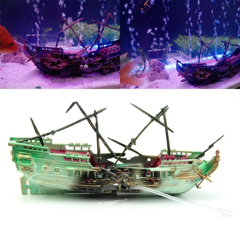 24*13cm Large Aquarium Decoration Boat Plactic Aquarium Ship Air Split Shipwreck Fish Tank Decor Wreck Sunk