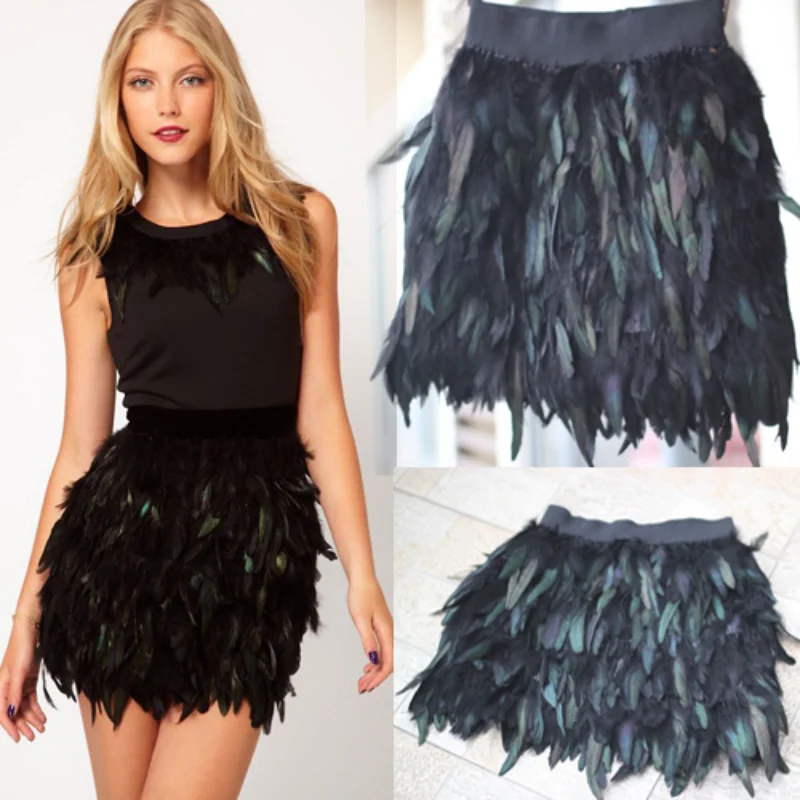 

black peacock ostrich feather mini skirt costume dance woman feathered feathers fringe high waist vestido falda plumas skirts