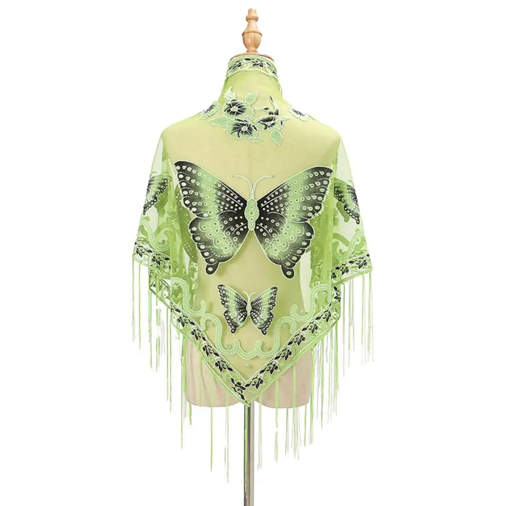 

Женская Блестящая элегантная винтажная шаль с цветочным принтом и бахромой для женщин и девушек, прозрачное Тюлевое треугольное одеяло, шарф, накидка на шею