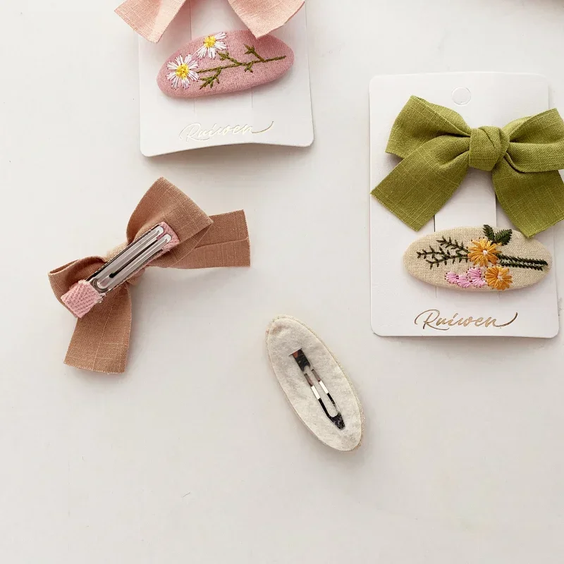 Sweet Little Girl Bowknot Hair Clips Solid Color Korean Mini Kids Embroidery Barrettes Princess Baby Clamp Hair Accessories 2PCS,hair clips,hair accessories