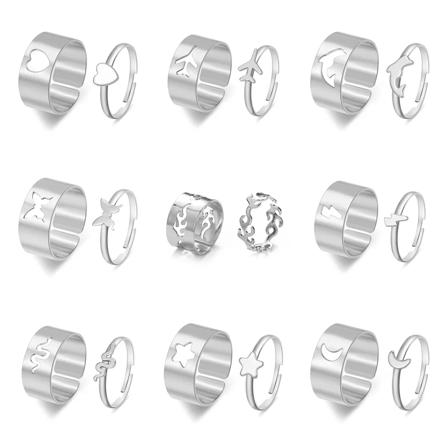 Couple Set Two-piece Ring Plane Moon Star Dolphin Butterfly Snake Opening Adjustable Copper Material Niche Index Finger |