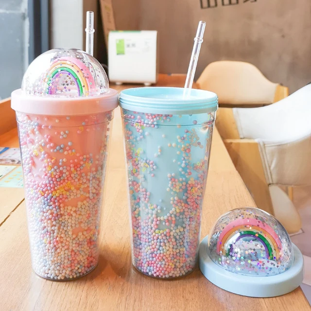 Plastic Cups With Straw Sequin Double Layer Water Bottle Cat Ear Cute  Tumbler For Birthday Gift Summer Drinkware Dropshipping