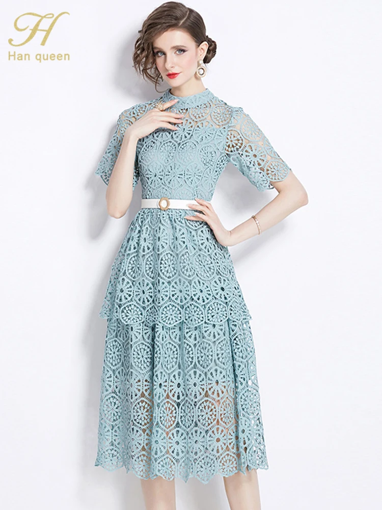 

H Han Queen 2024 Clothing Summer Dresses Fashion Elegant Midi Dresses For Women Slim Vintage Office Party Casual Lace Vestidos