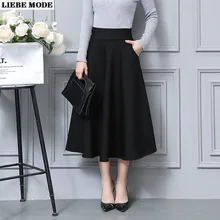 

Office Lady Elastic High Waist A Line Midi Skirts Pockets Black Red Business Casual Long Pleated Skirt for Women Fashion Bottoms