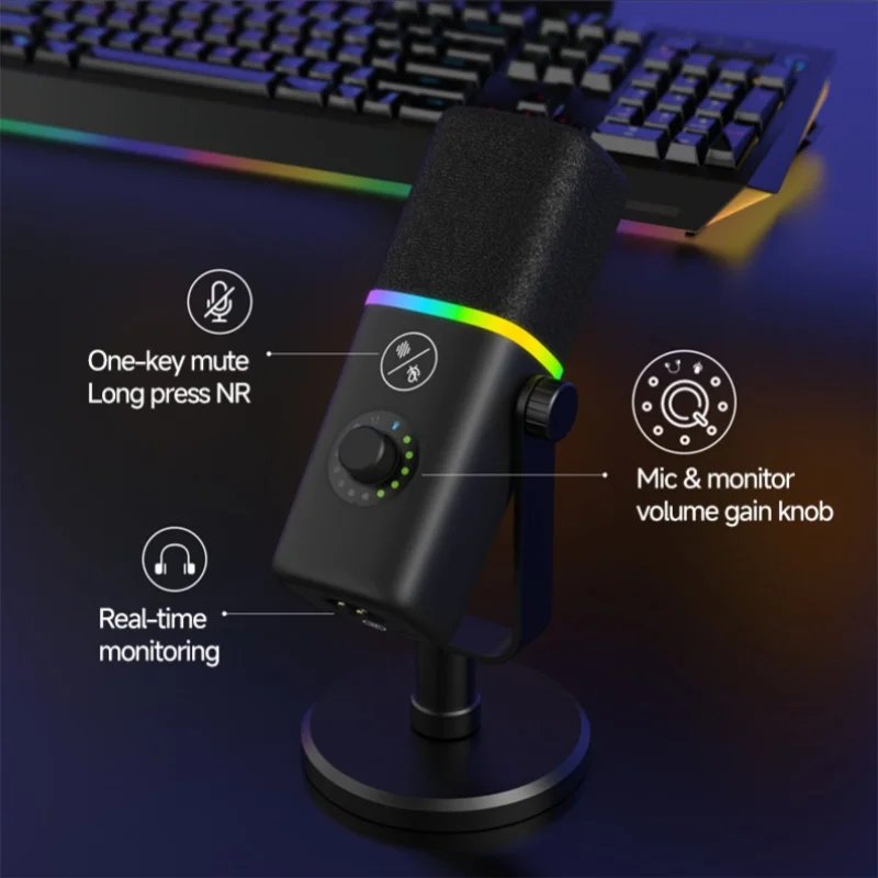 RGB 게이밍 USB-C PC 마이크 AI 노이즈 캔슬링 (PC, PS4, PS5, 라이브 스트리밍, 게임, 보컬 녹음용)