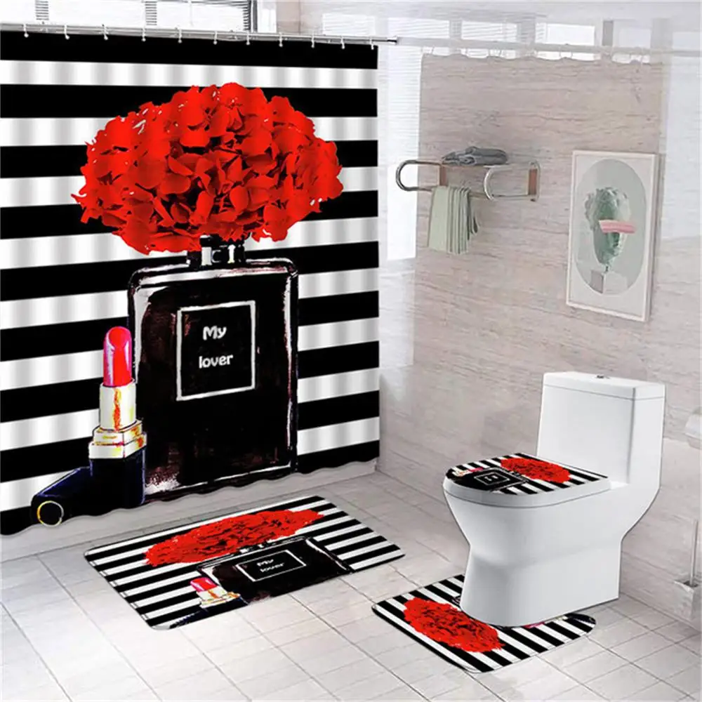 Shower Curtains Cosmetic Perfume and Floral Shower Curtain and Rug Bathroom Set Flowers Heels Lipstick Home Cloth Hanging Curtain