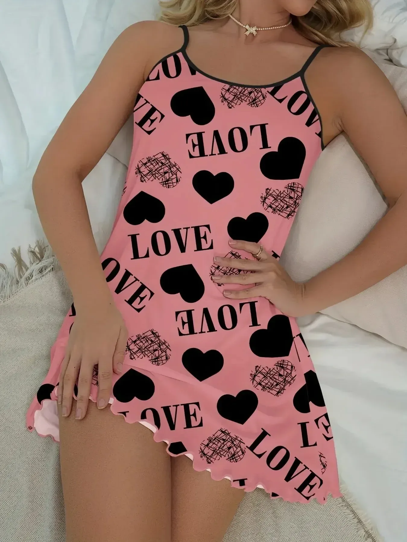 Women Nightgowns Women Nightdresses Sleeping Dress 1 Piece Casual & Comfy Heart & Letter Print Nightdress Lettuce Trim Sexy Slip Short Nightdress Women's Sleepwear Dresses