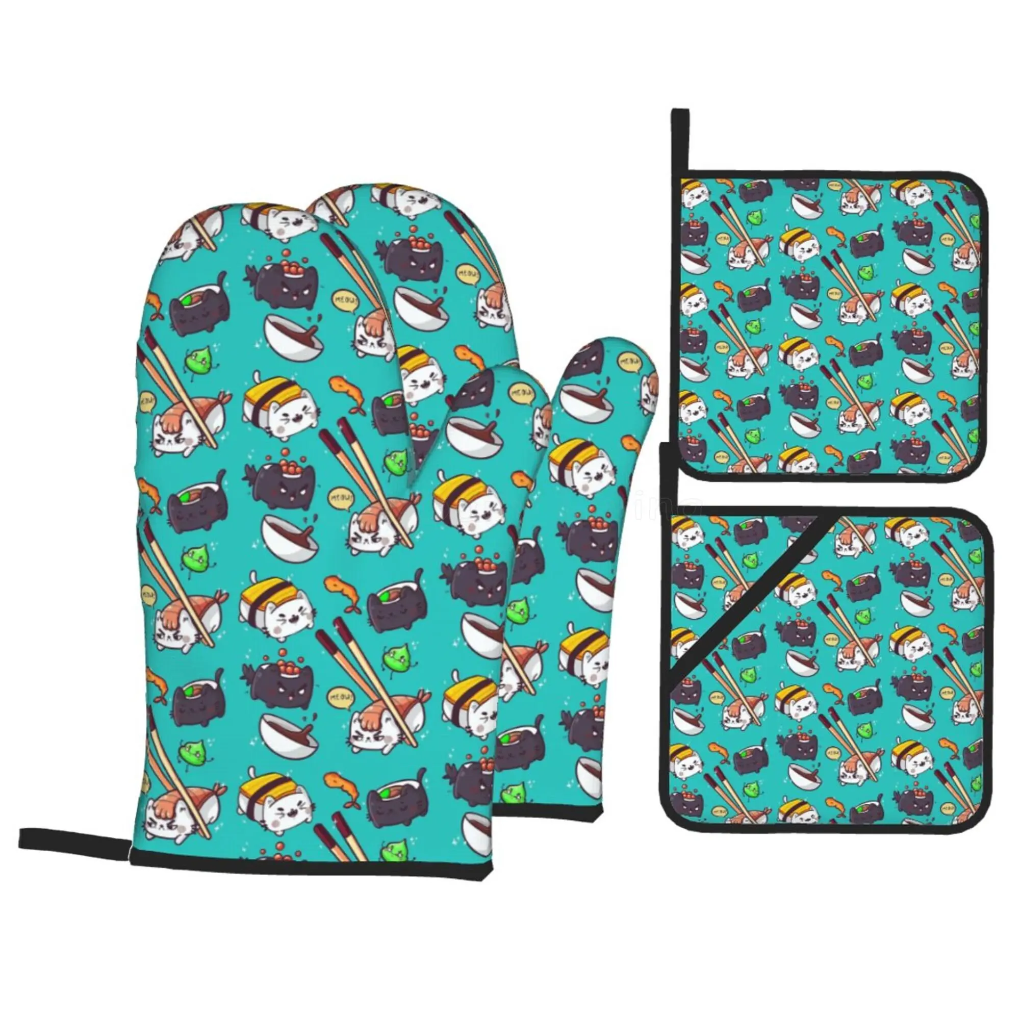 Japanese Anime Food Sushi Cat Oven Mitts and Pot Holders Sets Heat Resistant Non Slip Kitchen Oven Gloves for Cooking BBQ Baking