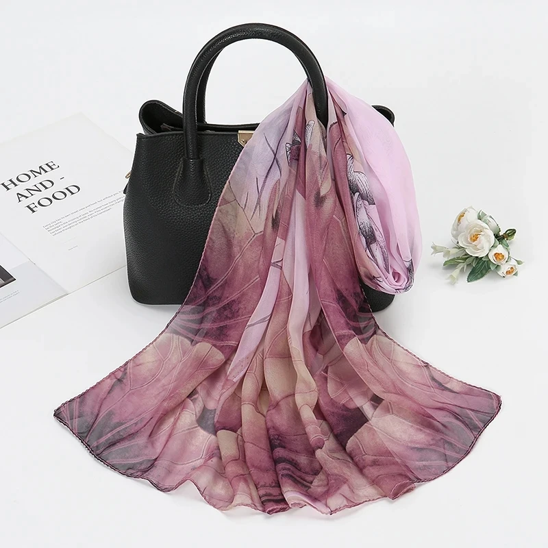 Chiffon Scarf Lotus Print For Women Summer Neck Sun Protection 150*50cm