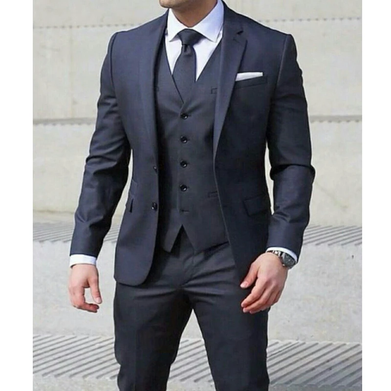 

Navy Blue Formal Men Suits For Wedding 3 Piece Male Set Jacket With Pants Vest Notched Lapel New Fashion Clothing