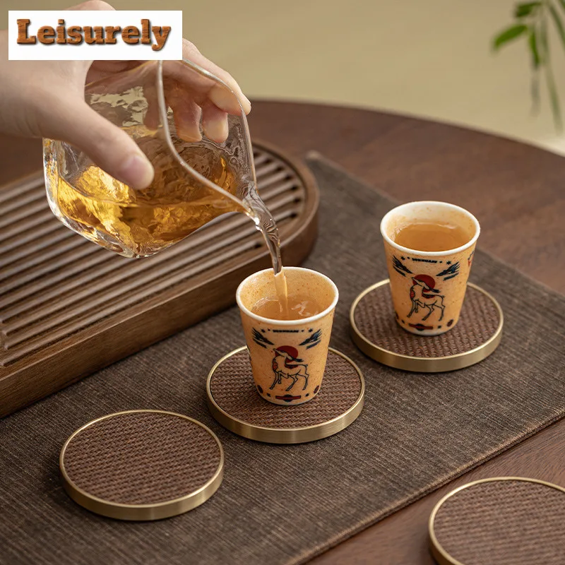 6pc/lot Electric Wood Autumn Vine Copper Coaster Chinese Household Circular Teacup Holder Anti Scalding Placemats Mug Mat Teaset