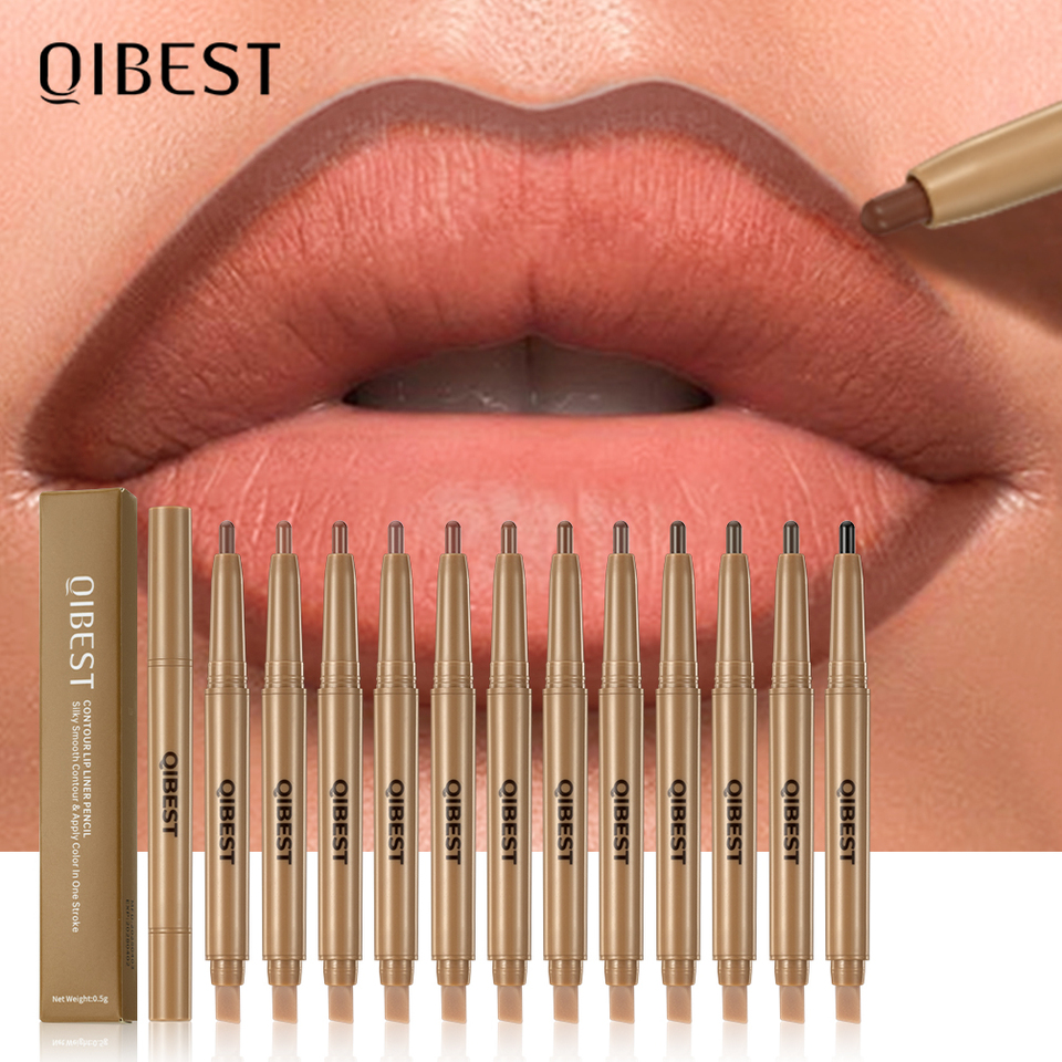 QIBEST Double Ended Lip Liner&Brush Pen Mist Matte Velvet Contour Tint 2 In 1 Lipstick Pencil Lasting Nude Brown Natural Makeup