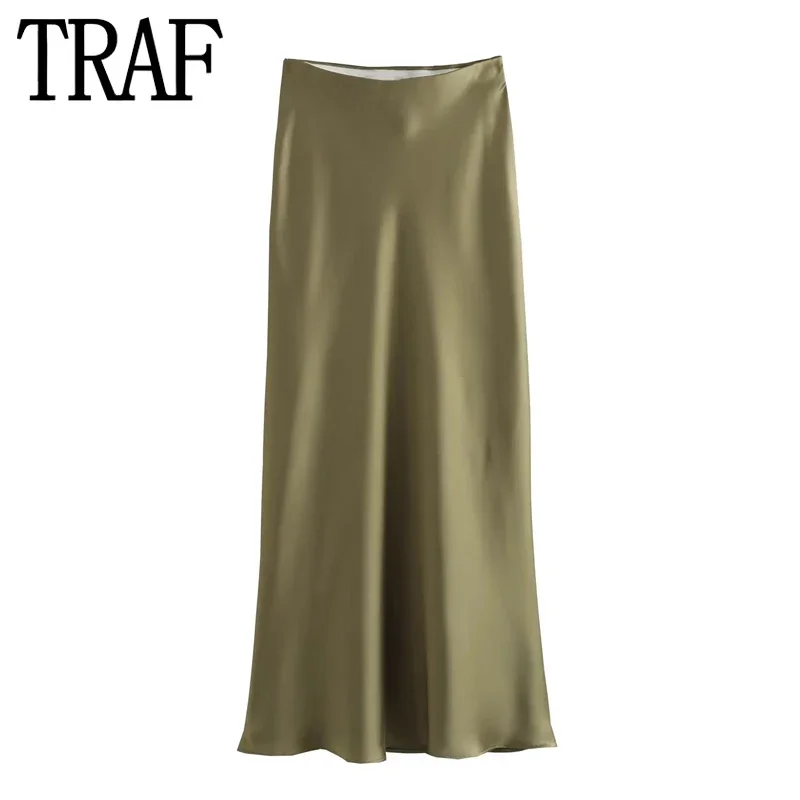 TRAF Red Midi Skirt Woman Autumn High Waist Satin Skirt Stylish Long Skirts For Women Fashion 2023 Elegant Social Women\'s Skirts
