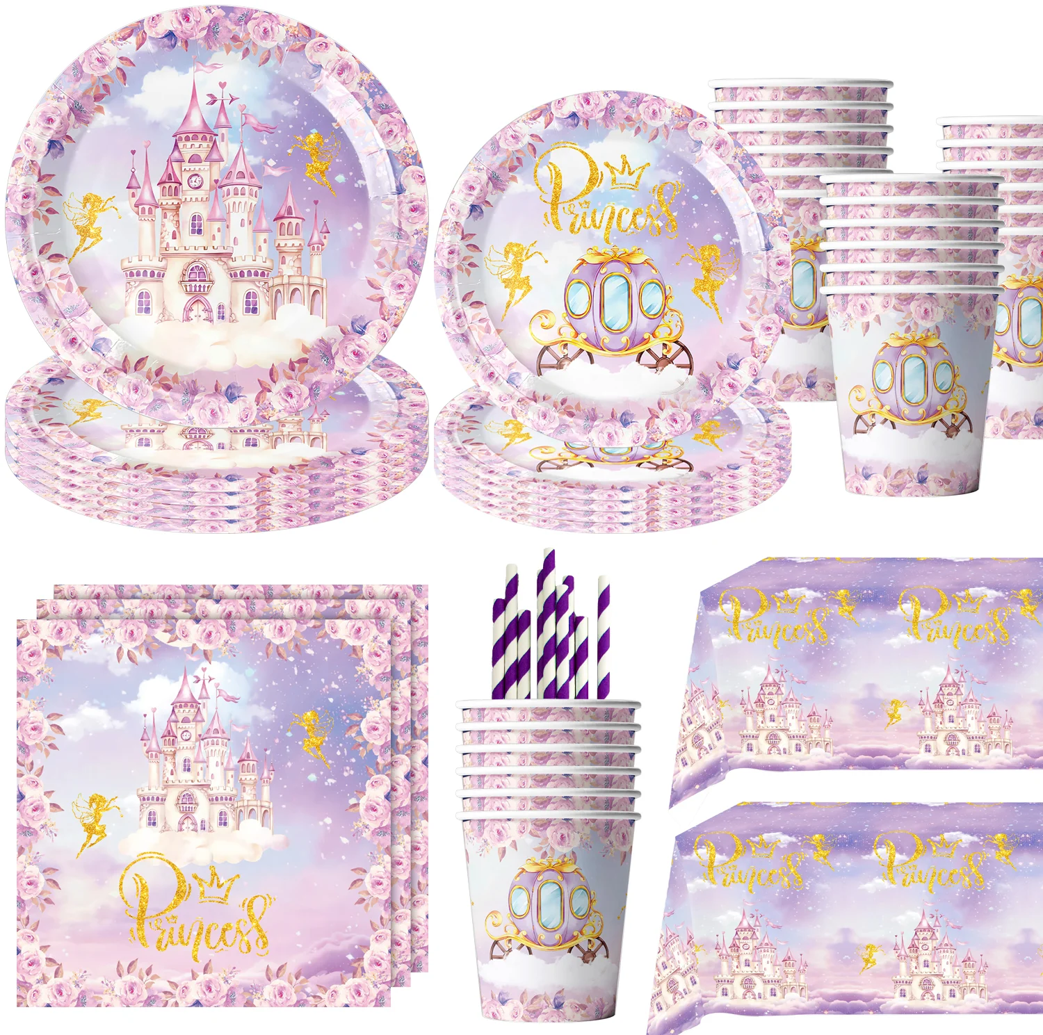 Disney Princess Purple Castle Birthday Party Decor Supplies Celebration Party Disposable Tableware Cup Plate Baby Shower Toys