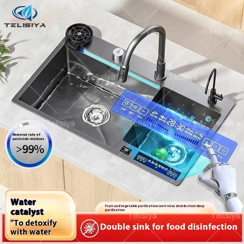 สแตนเลสสมาร์ทน้ํา Catalyst อ่างล้างจานขนาดใหญ่ Double slot Purification ฆ่าเชื้อผลไม้ล้างจานอ่างล้างจาน 1