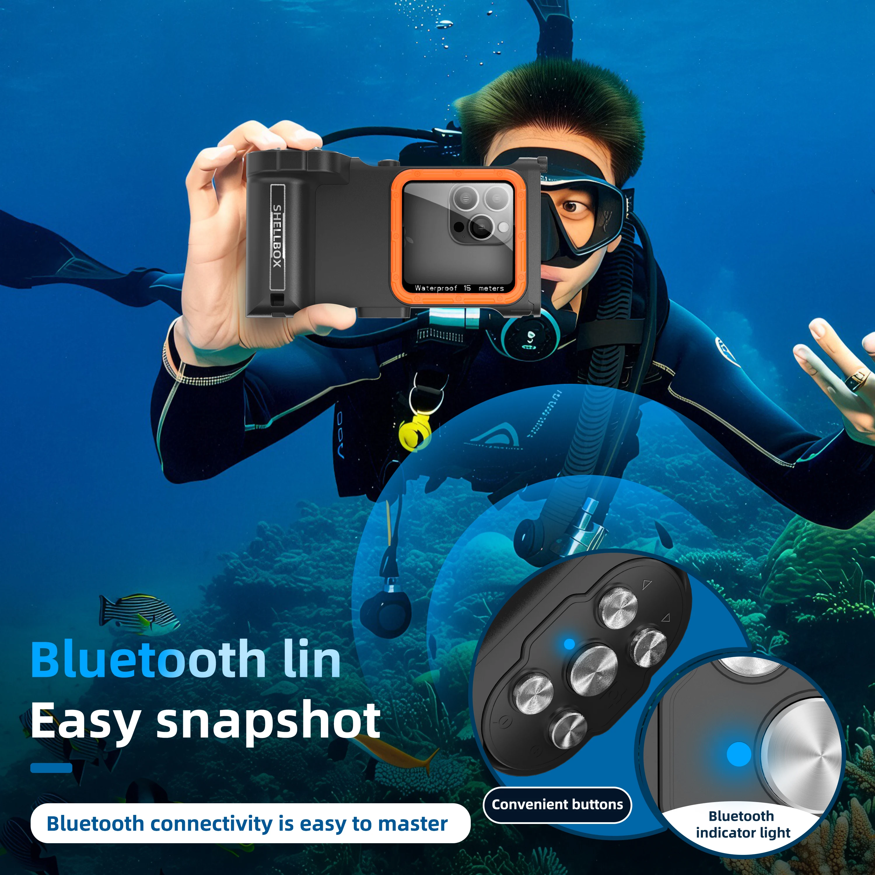 Waterproof Phone Case Shellbox Newly Upgraded IP68 Bluetooth Control 15M/50ft Diving/Swimming Photography Professional Diving