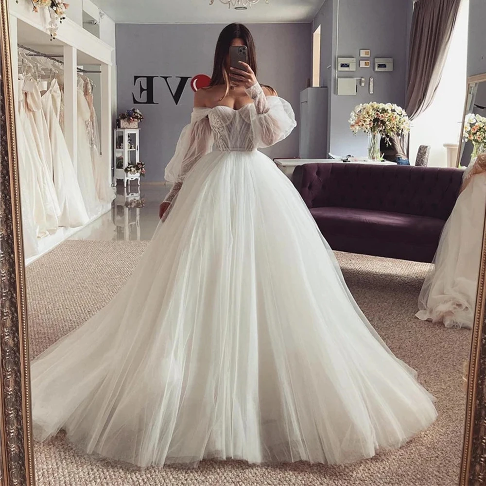 

Великолепные красивые облегающие Свадебные платья с открытыми плечами и пушистыми рукавами, кружевное платье с аппликацией сердечком, платье невесты с открытой спиной, трапециевидного силуэта, 2023