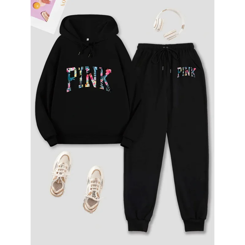 Letter Print two-piece set, drawstring hoodie and casual lace up waist jogging pants, women's clothing