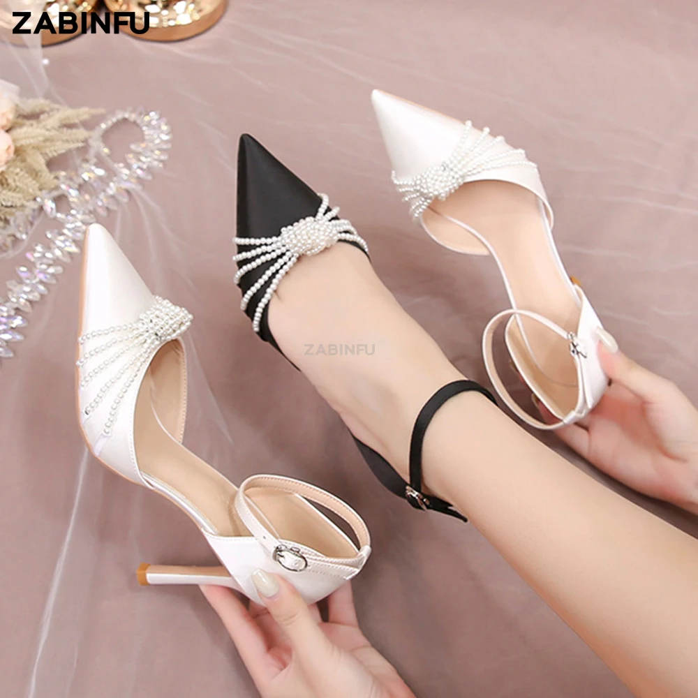 Solid Color Lace Pointed Toe Sandals, Women's Stiletto Heeled Ankle-Strap Faux Pearl Decor Stylish White Buckle Wedding Sandals,Temu