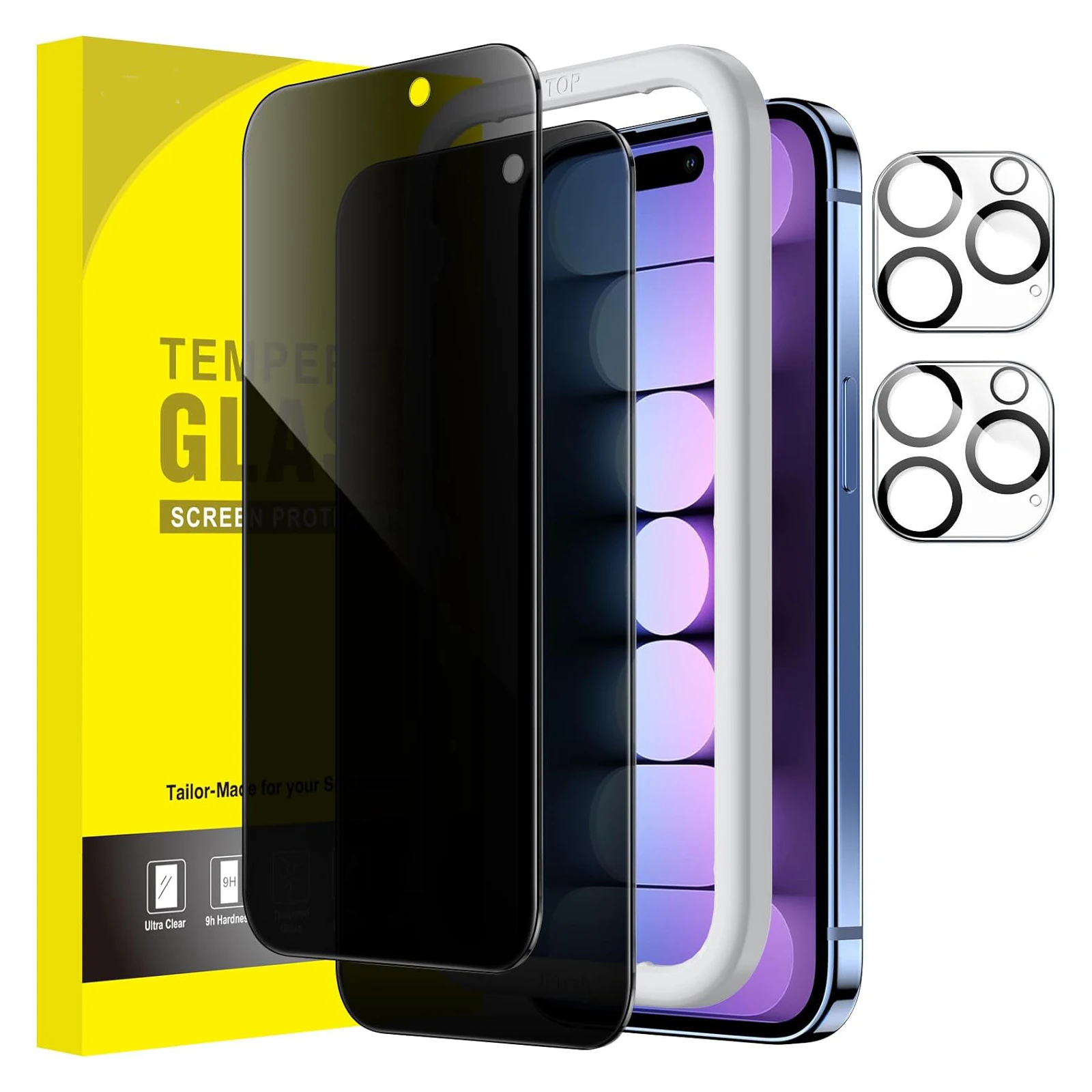 

[В 2 упаковках] антишпионское Защитное стекло для экрана + [в 2 упаковках] Защитная пленка для объектива камеры для iPhone 15 Pro Max 6,7, простая установка рамки