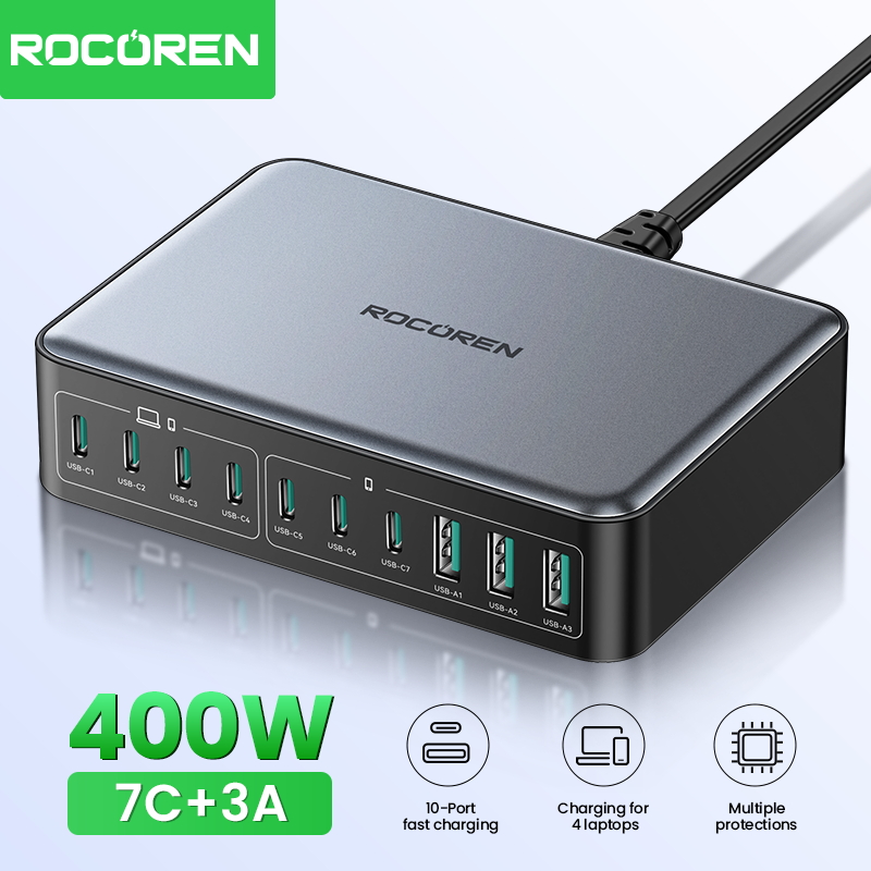 Rocoren 400W 10 Ports GaN Desktop Charger Fast Charging Power Station USB C Type C Quick Charging For iPhone16 15 Pro Samsung