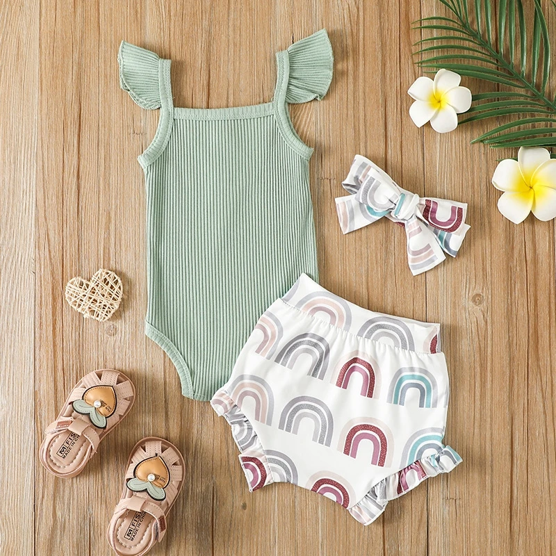 Description Picture 2 of itemKids Girls Pants Suit Casual Party Fly Sleeve Romper Tops Rainbow Short Trousers Headband