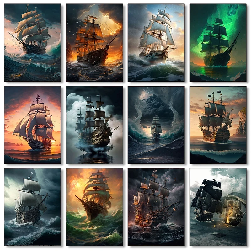 Ocean Storm Nave Pirata Appassionato Nautico Seaview Boat Retro Poster Dipinti Su Tela Immagini Di Arte Della Parete Decorazioni Per La Casa