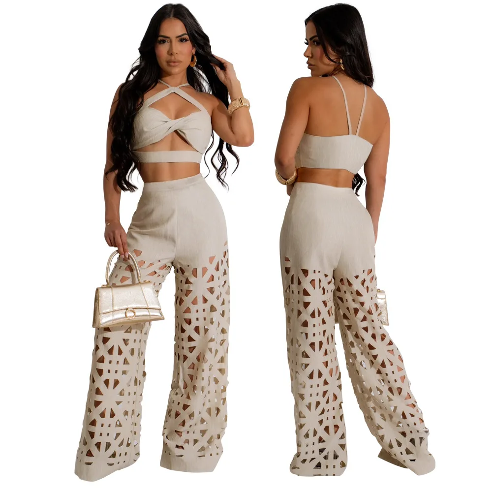 Soild Casual Two-piece Set  for Women 2024 Summer Fashion Sexy Halter Camis Crop Top Hollow Out Wide Leg Pants Streetwear