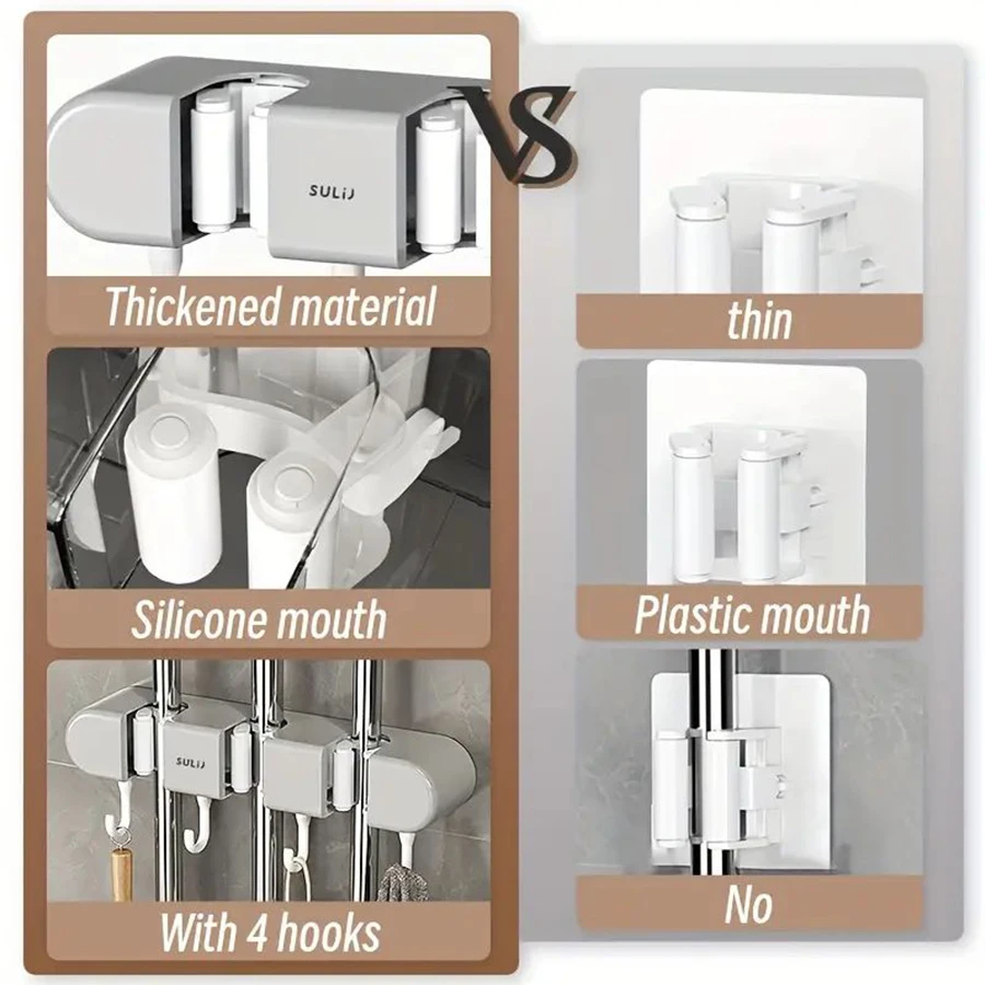 Bathroom Accessories Set household cleaning tool holder organizer 2 clips 3 hooks mop hook mop clip wall mounted and broom storage clip