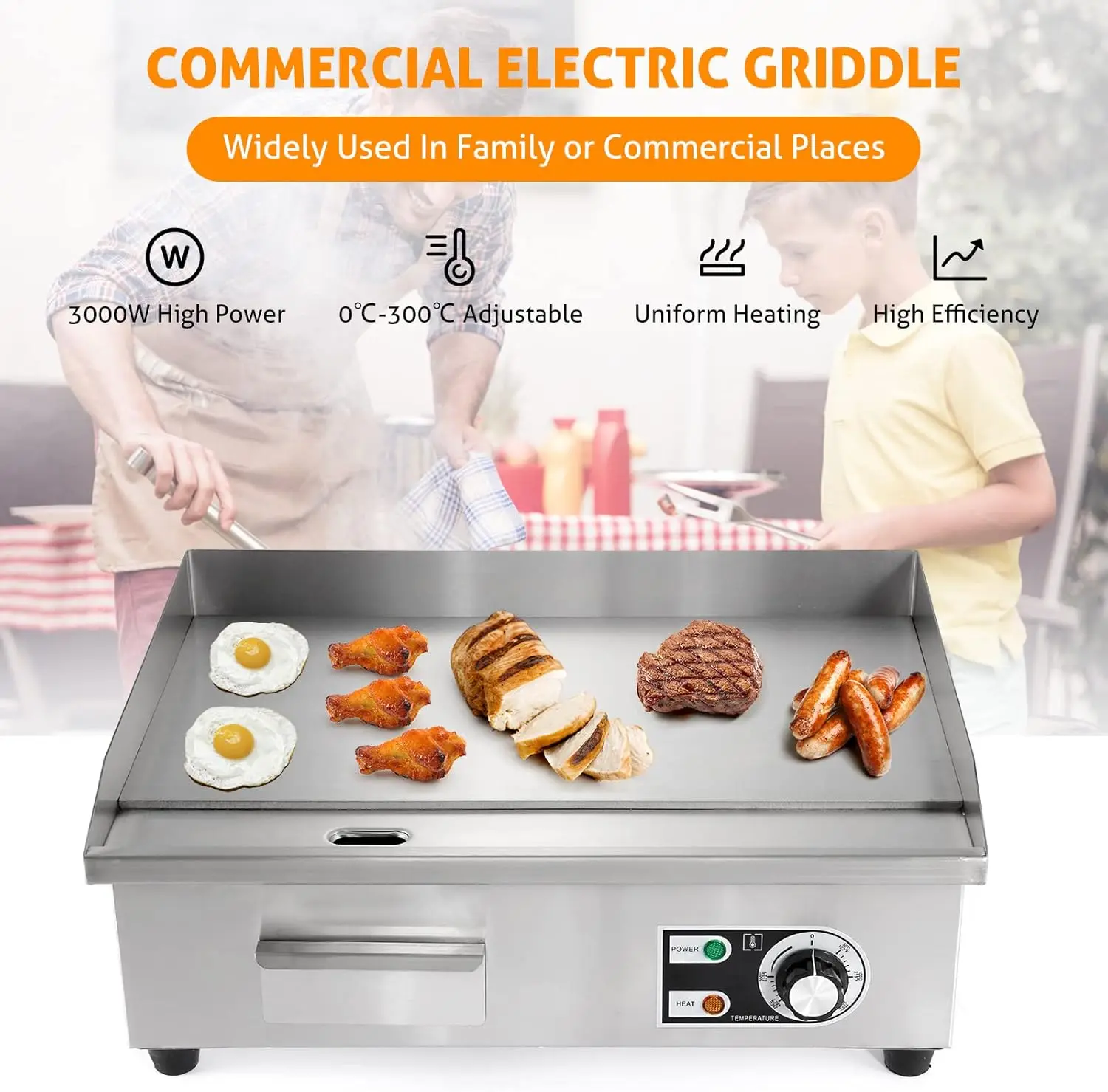 Griddle 22" 3000W Flat Top Grill Countertop Griddle Stainless Steel Teppanyaki Grill w/Iron Cooking Plate for Restaurant Kitchen 2
