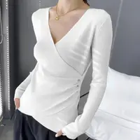 Elegant Slim Short Sweaters Spring New Long Sleeve V Neck Solid Pleated Button Pullovers Top Fashion Temperament Women Clothing 3