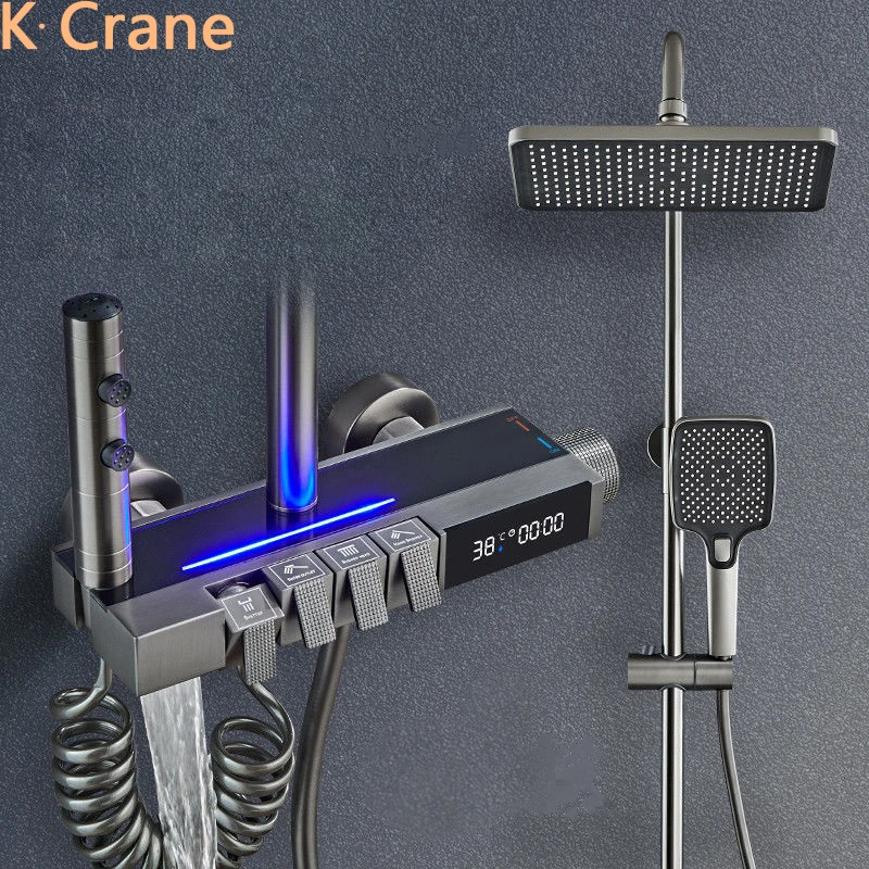 Atmosphäre Beleuchtung Led Digital Dusche Set Bad Warmen Und Kalten Thermostat Wasserhahn System Badewanne Wand Halterung Regen Armaturen