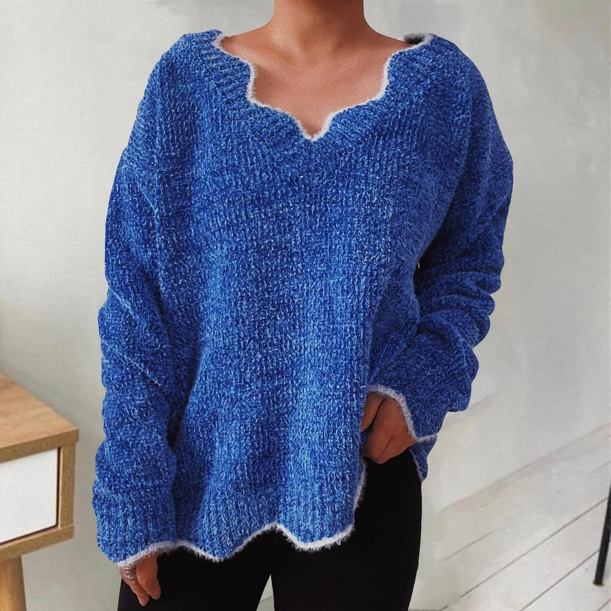 

Jocoo Jolee Fashion Blue Knitted Wavy Side Women Soft Pullover Autumn Casual Loose Long Sleeve Female Sweater Basic Warm Jumper