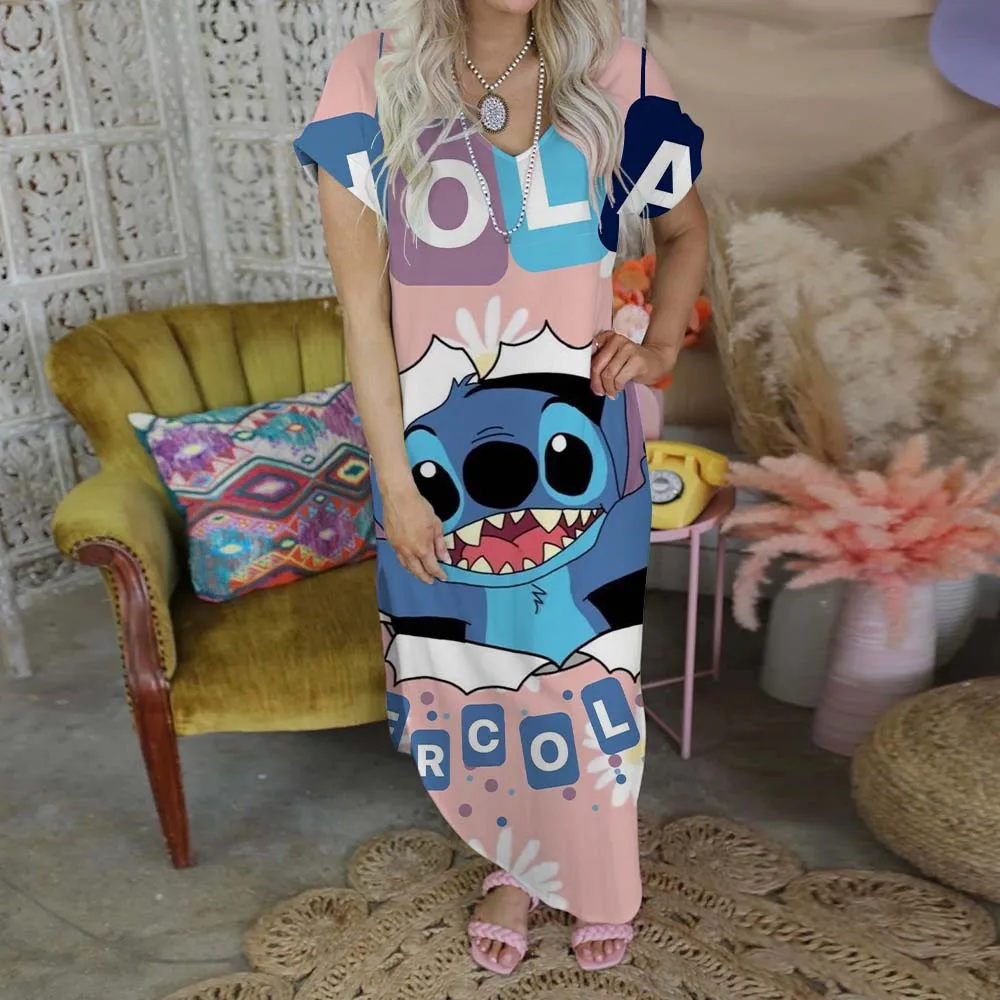 

Long Dresses for Women 2023 New in Dresses Women's Summer Dress Stitch Boho Fashion V Neck Lilo & Stitch Cartoon Robe Womens New