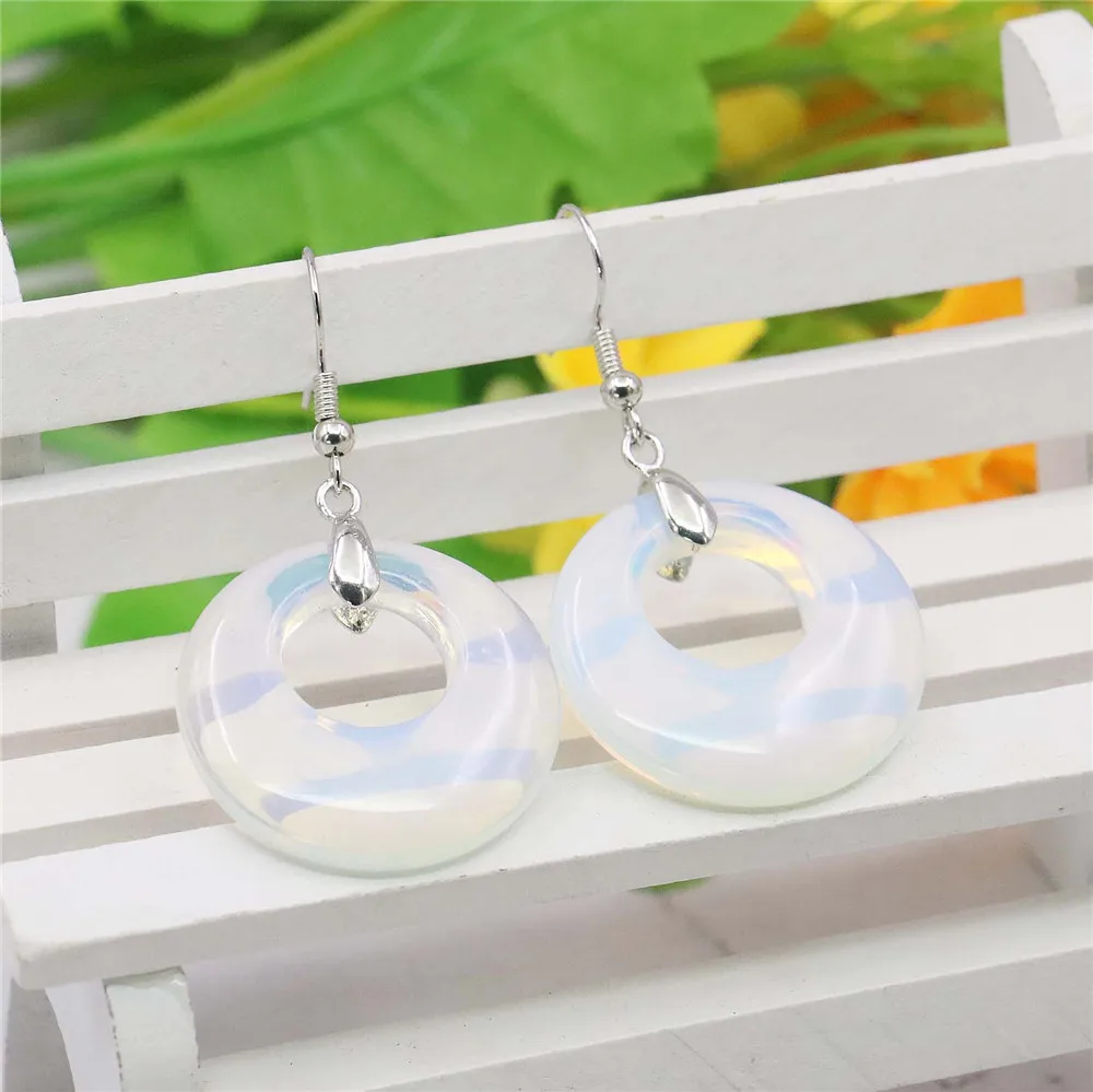 28MM Round White Moonstone Opal Drop Earrings Circular Ring Natural Stone Women Girls DIY Alloy Fashion Jewelry Making Design