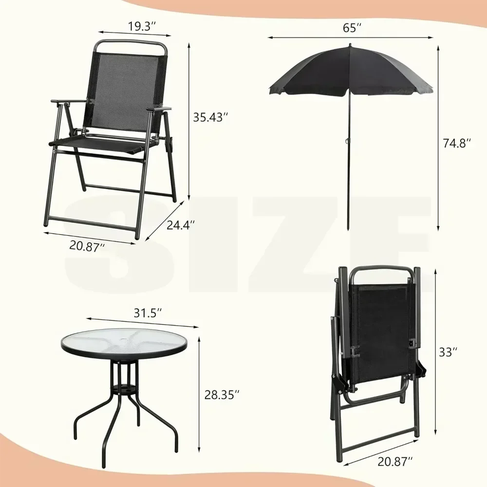 Black 6-Piece Metal Patio Dining Set with Umbrella for Outdoor Garden, Lawn, Deck, and Backyard