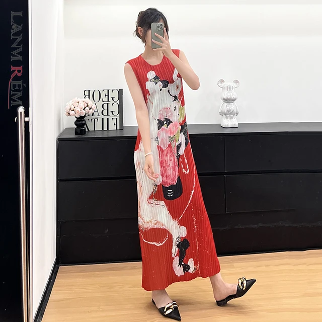 LANMREM Pleated Famale Clothing 2025 New Vacation Style Sweet Elastic Slim Sleeveless O-neck Printting Women's Dress 2DB3774