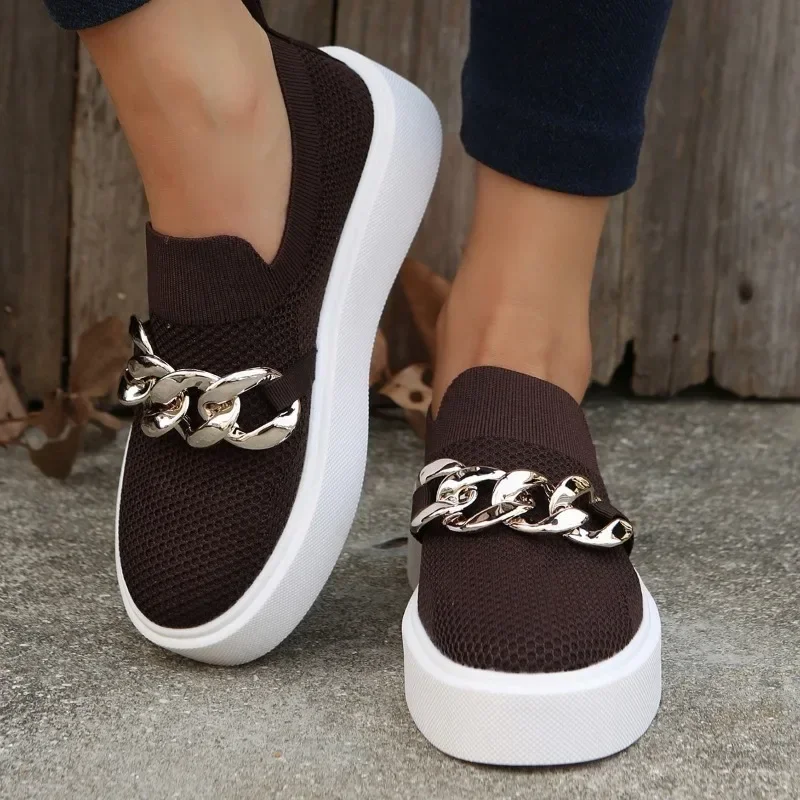 Single shoe women's spring and autumn new thick sole shallow knit mesh chain casual women's shoes for external wear