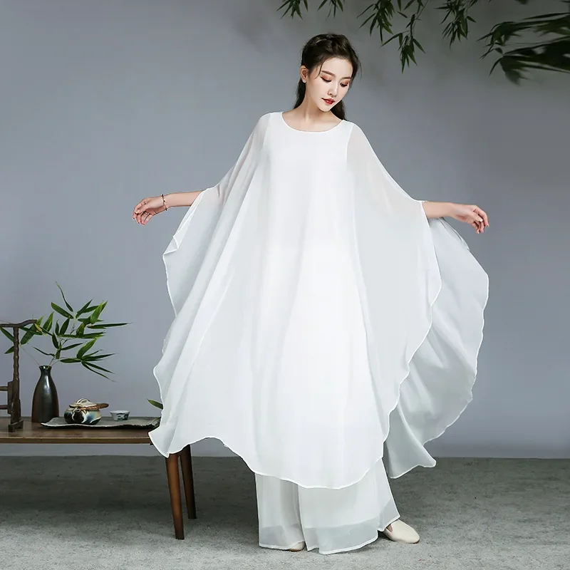 Girl Three Layers Chiffon Tea Suit Zen Suit Wide Leg Pants Set Buddhist Meditation National Style Dance Dress chinese traditional costume