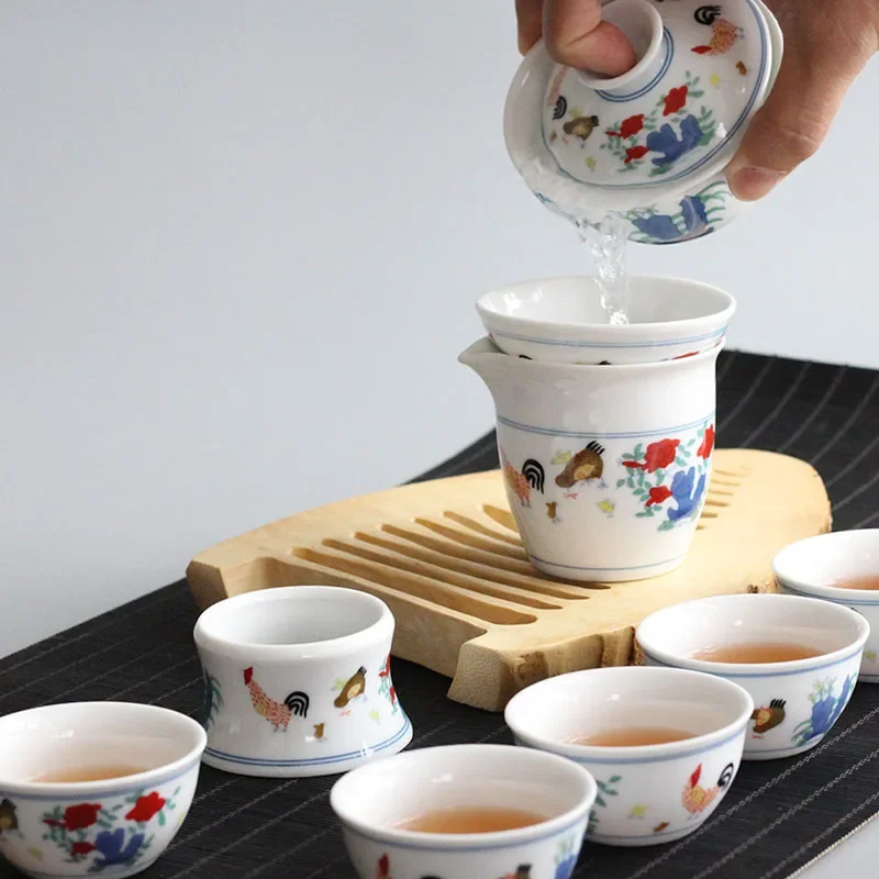 Jingdezhen-Chinese Teaset Archaistic Rooster GaiWan Ceramic Lid Bowl Coffee Cup and Saucer Set Tableware Teaware Teacups