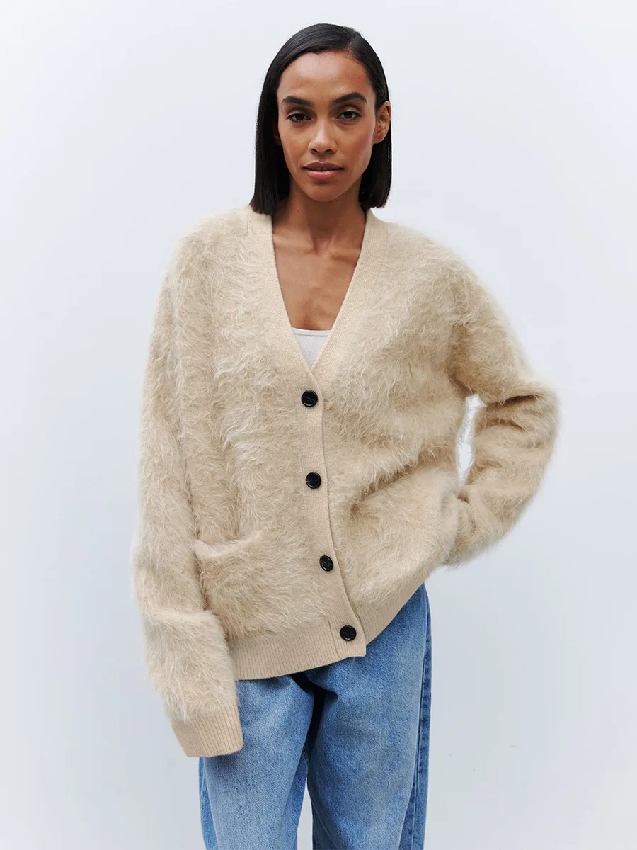 Bornladies Women's New Faux Mink Fur Cardigan Loose Fit Oversized Trendy Soft Knit Button Up Autumn Winter Fashion Sweaters