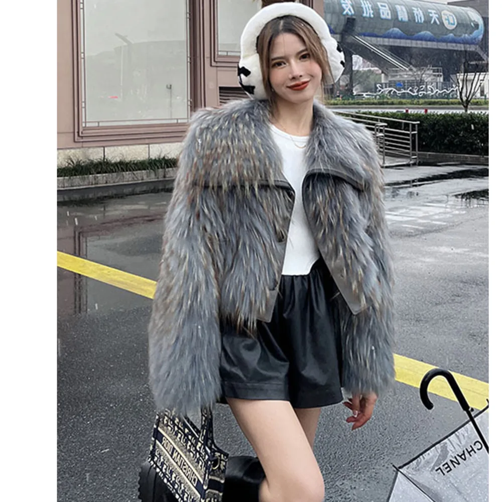 

Luxury Women Winter Real Natural Raccoon Fur Overcoat Fluffy Natural Big Raccoon Fur Collar Short Coat