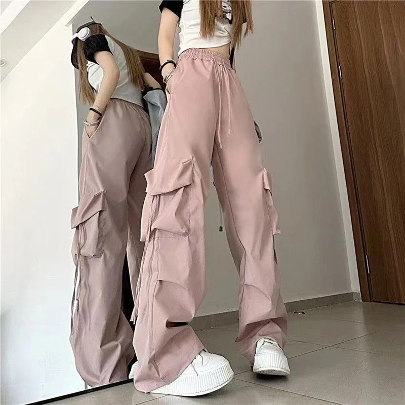 New Women Y2K Cargo Pants Fashion Casual High Waist Big Pockets Hip Hop Trousers Female Streetwear Drawstring Baggy Sweatpants