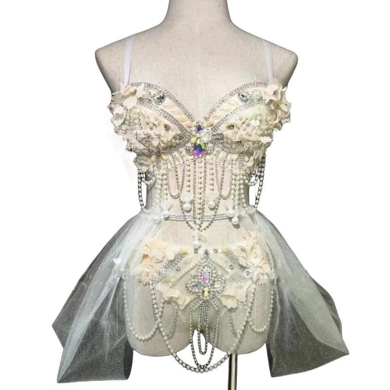 

Сексуальный роскошный костюм для ночного клуба Gogo, костюм для танцев на шесте, танцевальный костюм для диджея, для выступлений на сцене, бикини с бисером, газовая юбка, 3 предмета