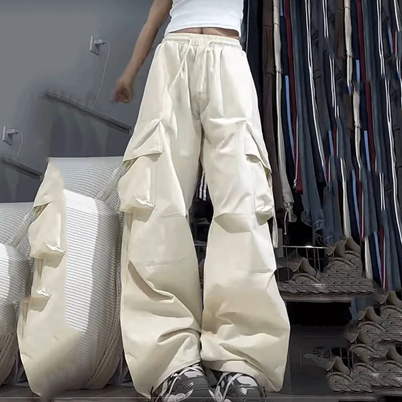 Women Drawstring Elastic Waist Cargo Pants Multi Pocket Loose Wide Leg Streetwear Oversized Hip Hop Outdoor Daily Wear Bottoms 1
